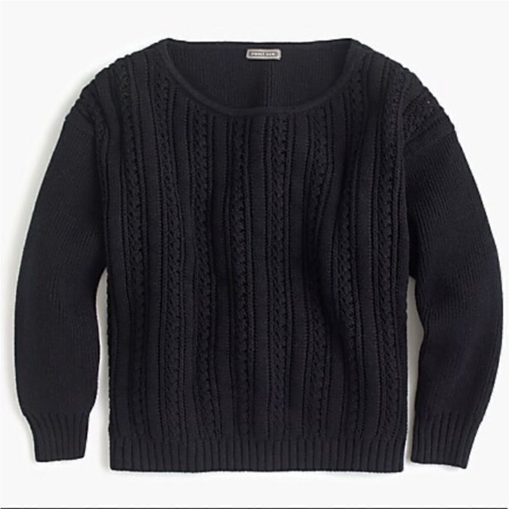 J Crew Point Sur Sweater Size XS Black Cotton Pointelle Knit Drop Shoulder